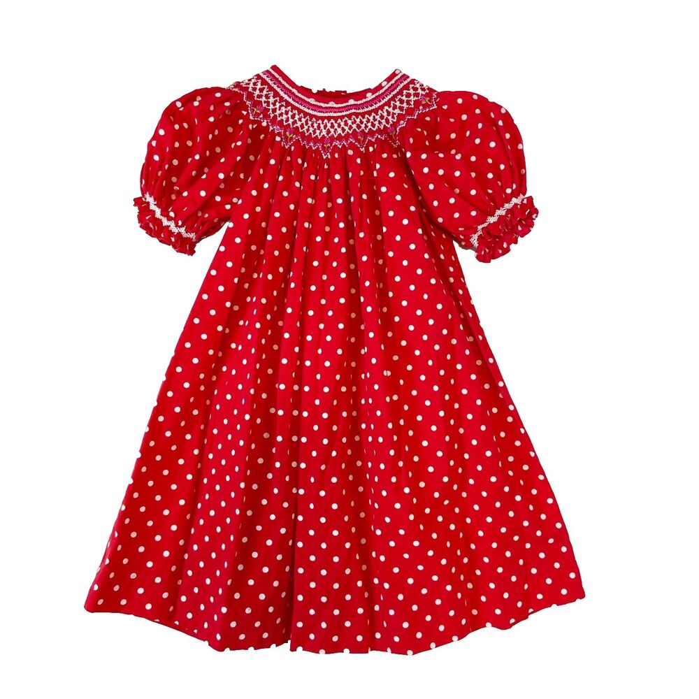 Mom & Me Dress Girls 18 Mos Red Polka Dot Smocked Flowers Short Puff Sleeve
